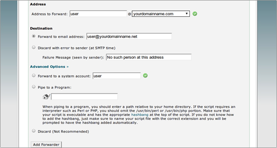 Screenshot of cPanel Mail Forwarders options