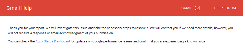 Screenshot of a successfully submitted Gmail blacklist removal form