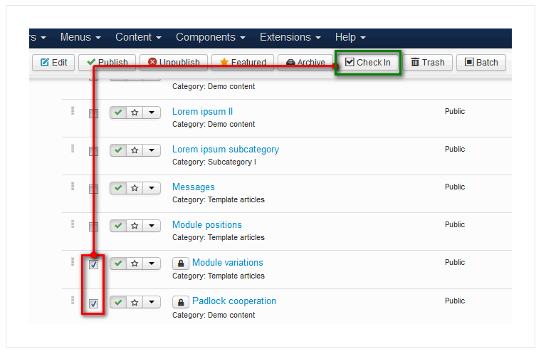 Screenshot of a user checking in two articles in Joomla