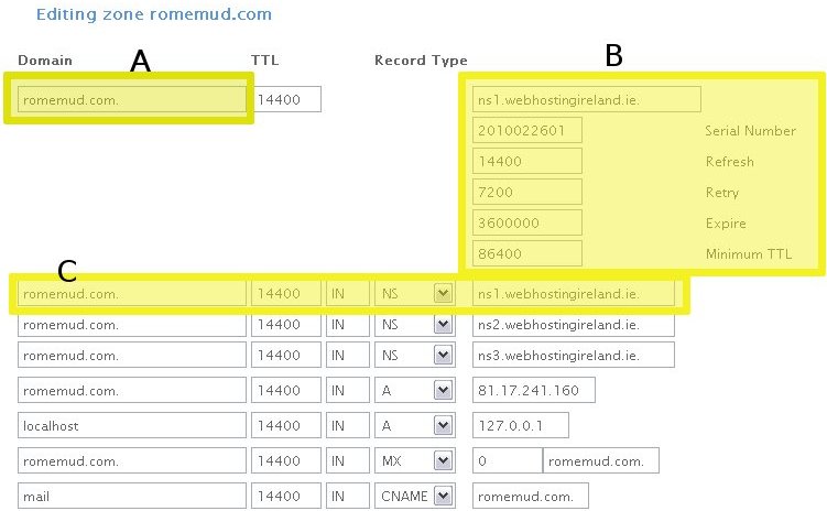 Screenshot of cPanel DNS Editor