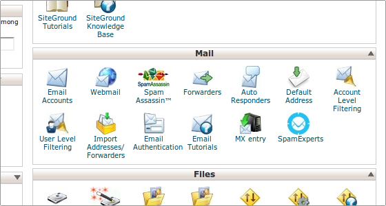 Screenshot of cPanel Mail tab