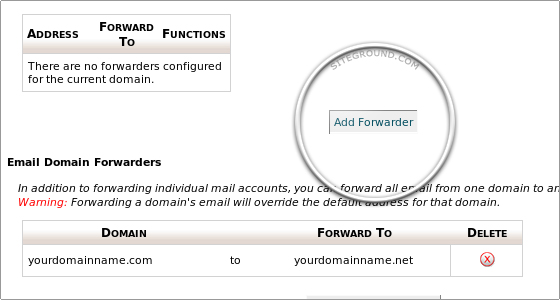 Screenshot of cPanel Mail Forwarders options