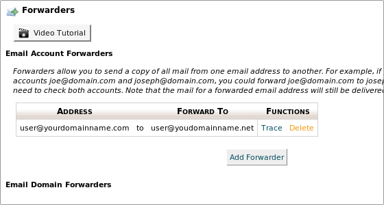 Screenshot of cPanel Mail Forwarders options