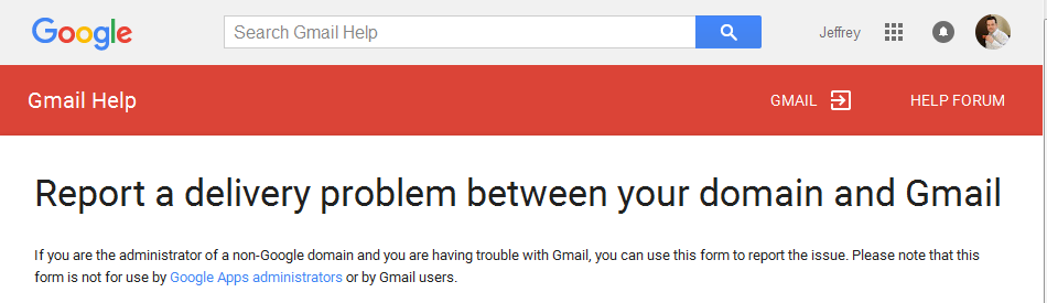 Screenshot of Gmail webpage titled 'Report a delivery problem between your domain and Gmail'