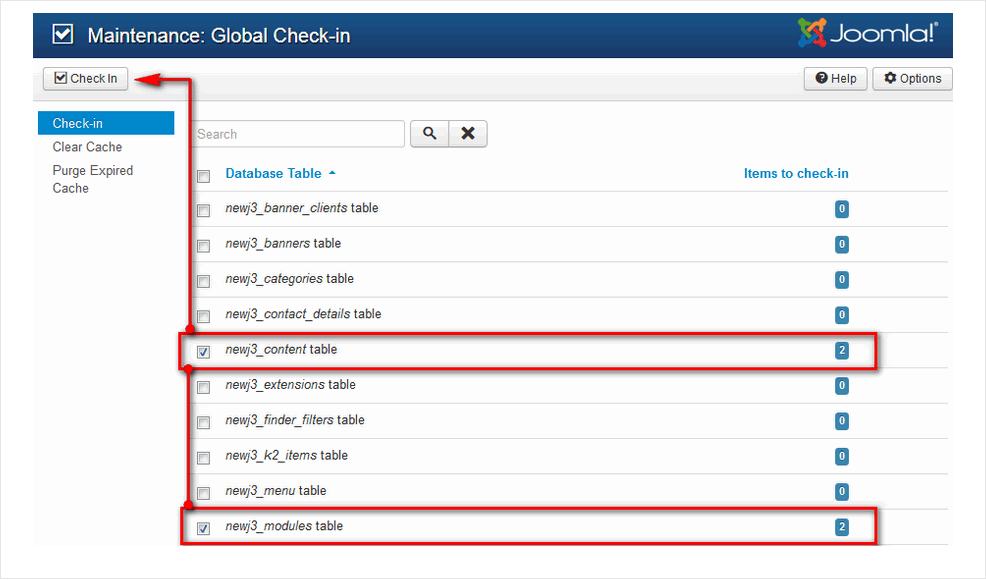 Screenshot of user checking in two database tables in Joomla
